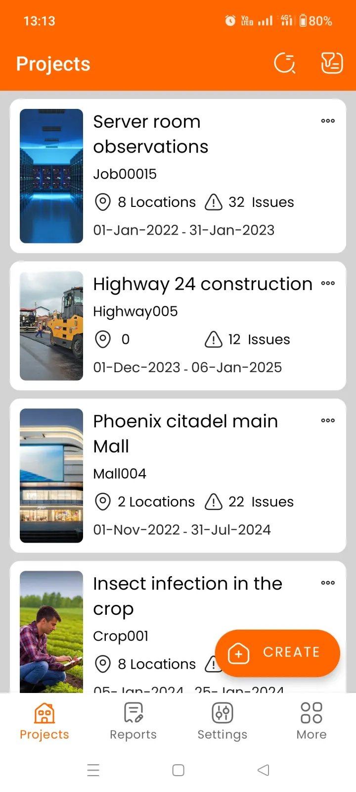 Site Report Expert projects screen showing site inspection projects with locations and issue counts