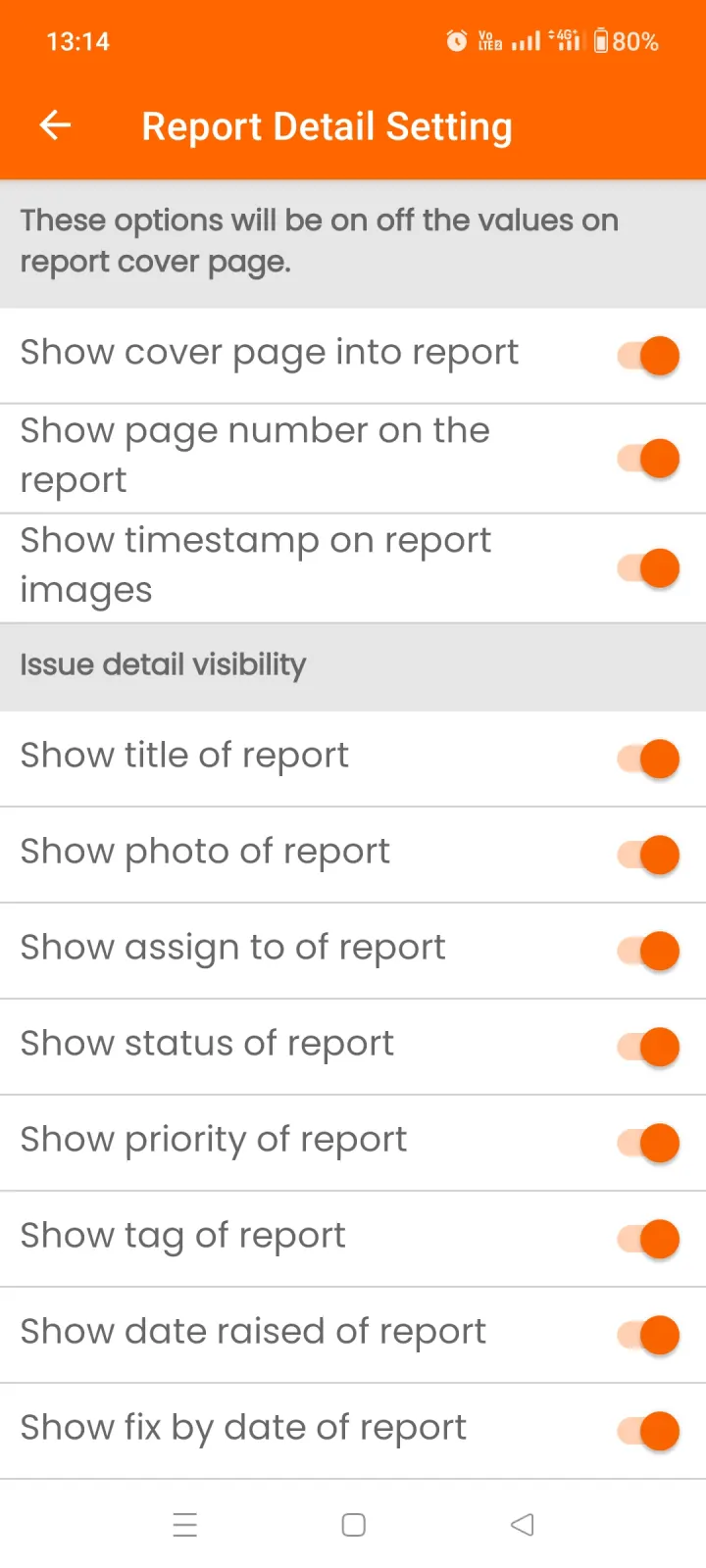 Report detail settings screen with cover page, page number and field visibility options