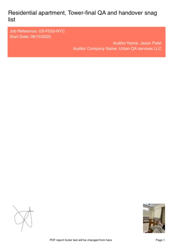 Cover page of report theme 2 — sample snag list PDF