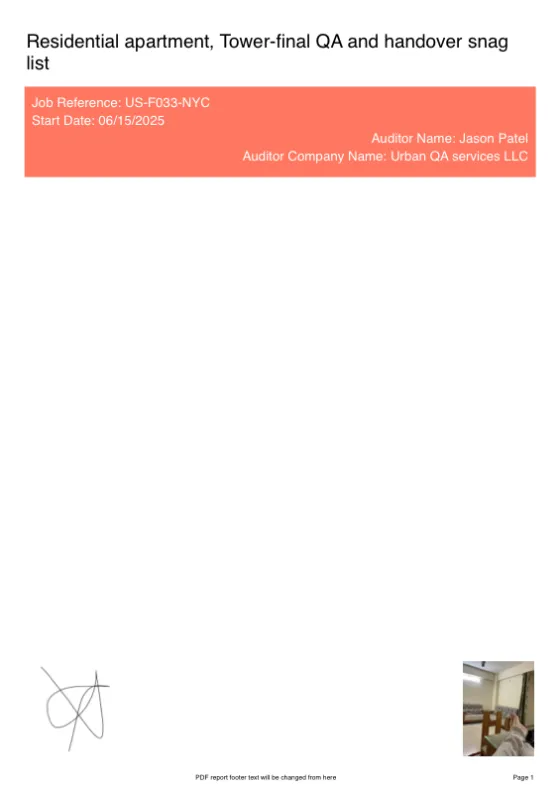 Cover page of report theme 3 — sample snag list PDF