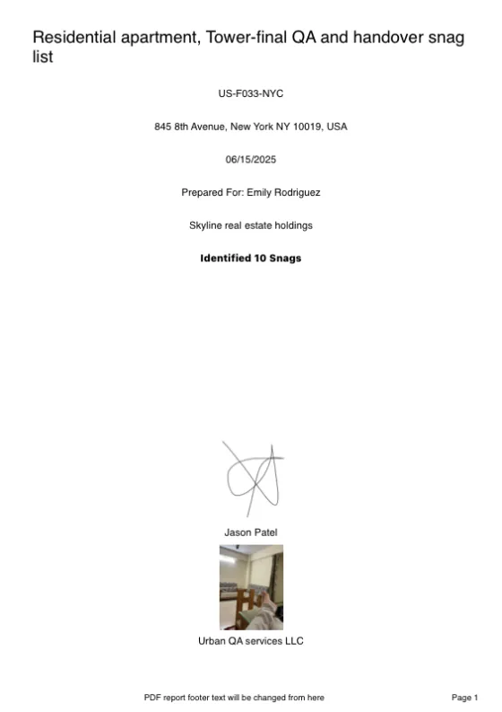 Cover page of report theme 5 — sample snag list PDF